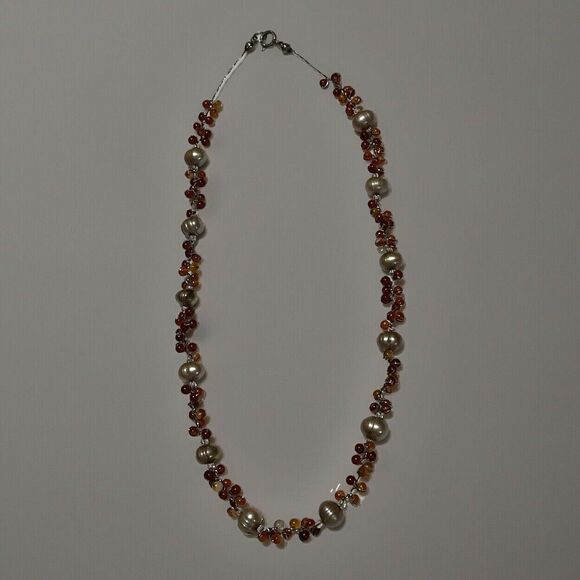 925 Sterling Light Grey Fresh Water Pearls/Wire Wrapped Carnelian Necklace 16in - Picture 2 of 9
